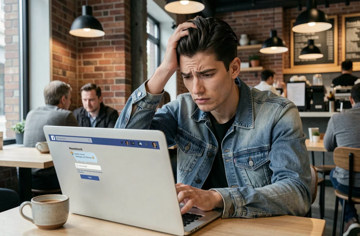 Jeune homme confus tentant de se connecter à Facebook Messenger sur un ordinateur portable dans un café moderne