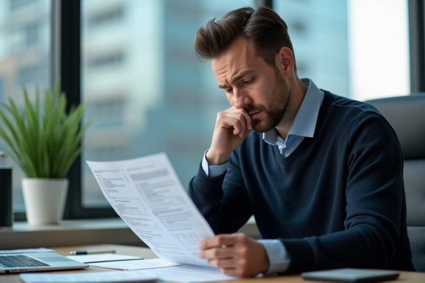 Homme concentré étudiant un relevé bancaire en bureau