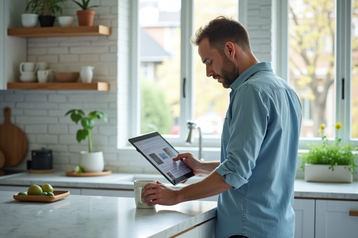 Homme adulte utilisant une tablette pour construire son premier site internet avec Wiz dans une cuisine moderne