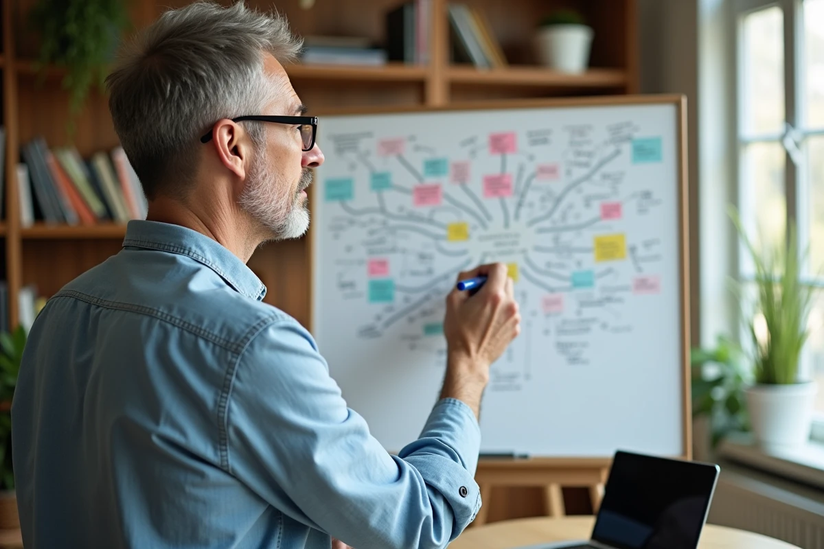Homme dessinant une carte mentale sur un tableau blanc dans un bureau