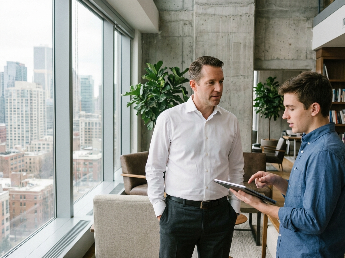 Homme en chemise blanche discutant stratégie dans un bureau