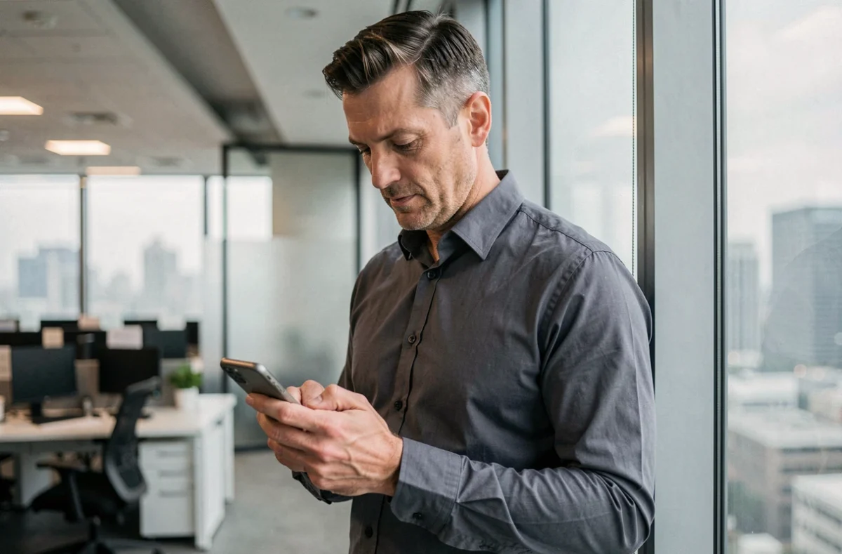 Homme professionnel consultant ses emails sécurisés sur smartphone dans un bureau moderne en ville