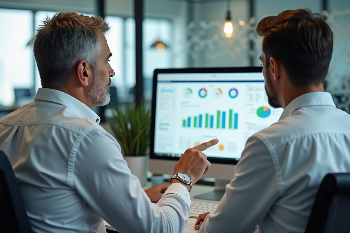 Homme montrant des graphiques Excel à un collègue dans un espace de travail