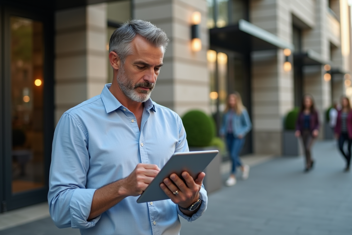 Homme d affaires regardant un graphique sur une tablette en extérieur