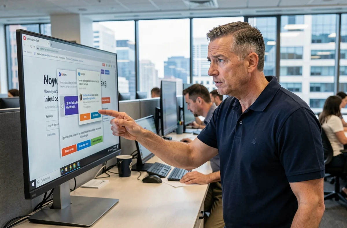Homme en open space pointant un écran avec de faux boutons de téléchargement et des alertes pop-up trompeuses