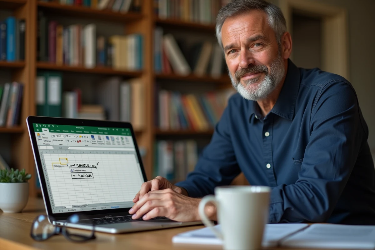 Homme utilisant la fonction UNIQUE d'Excel sur un ordinateur portable dans un bureau à domicile