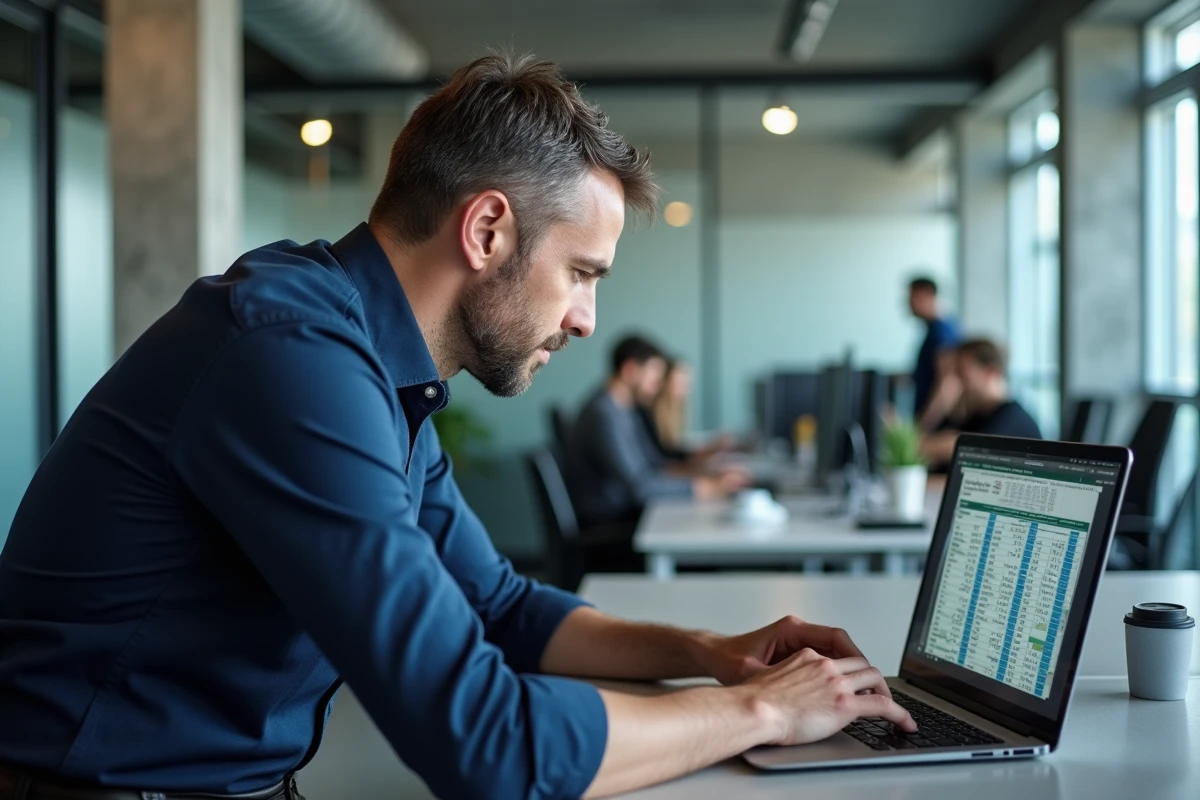 Homme d'affaires utilisant une formule dynamique Excel pour transformer des lignes en colonnes sur un ordinateur portable en open space
