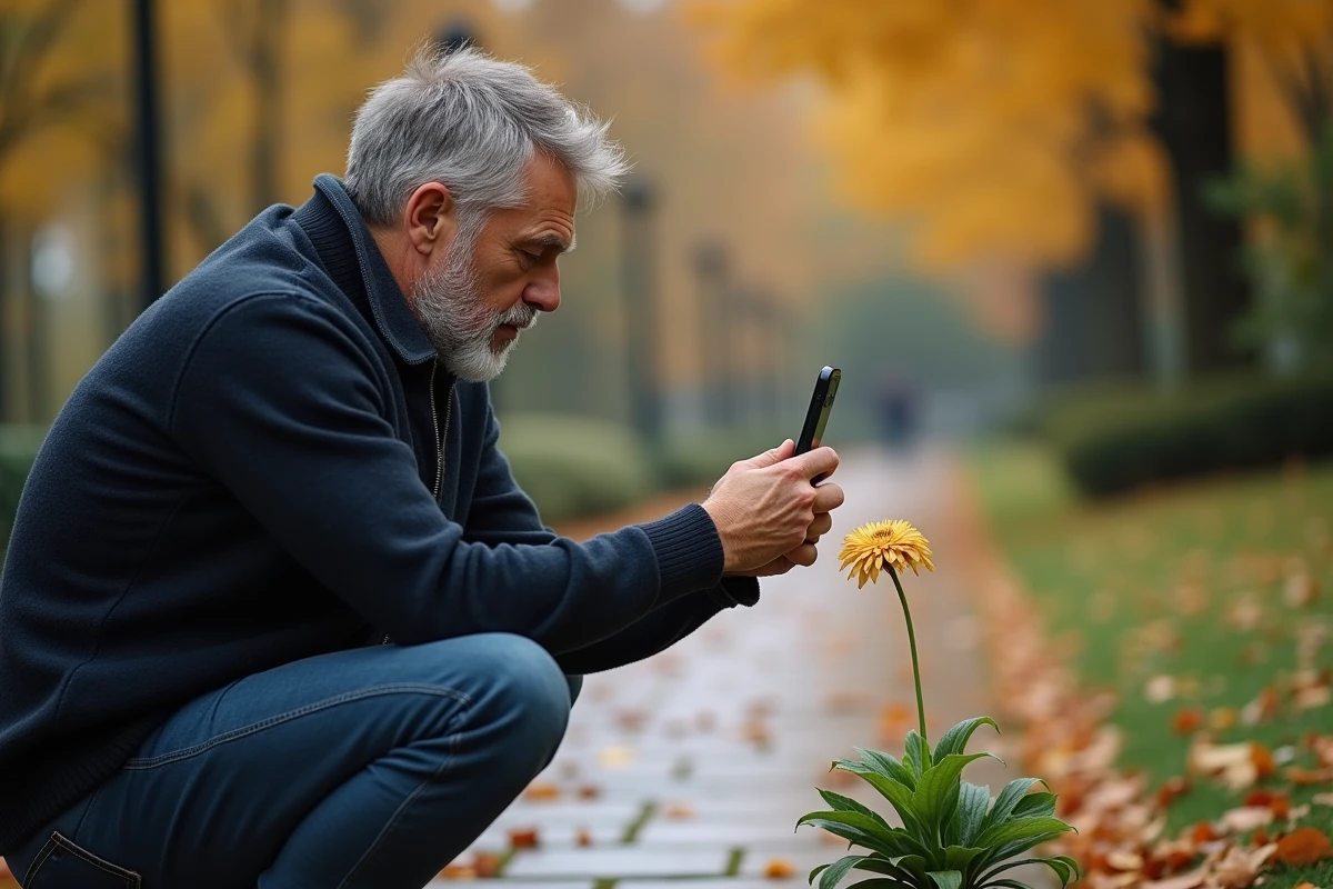 Un homme photographiant une fleur avec le Google Pixel 8 Pro dans un jardin automnal