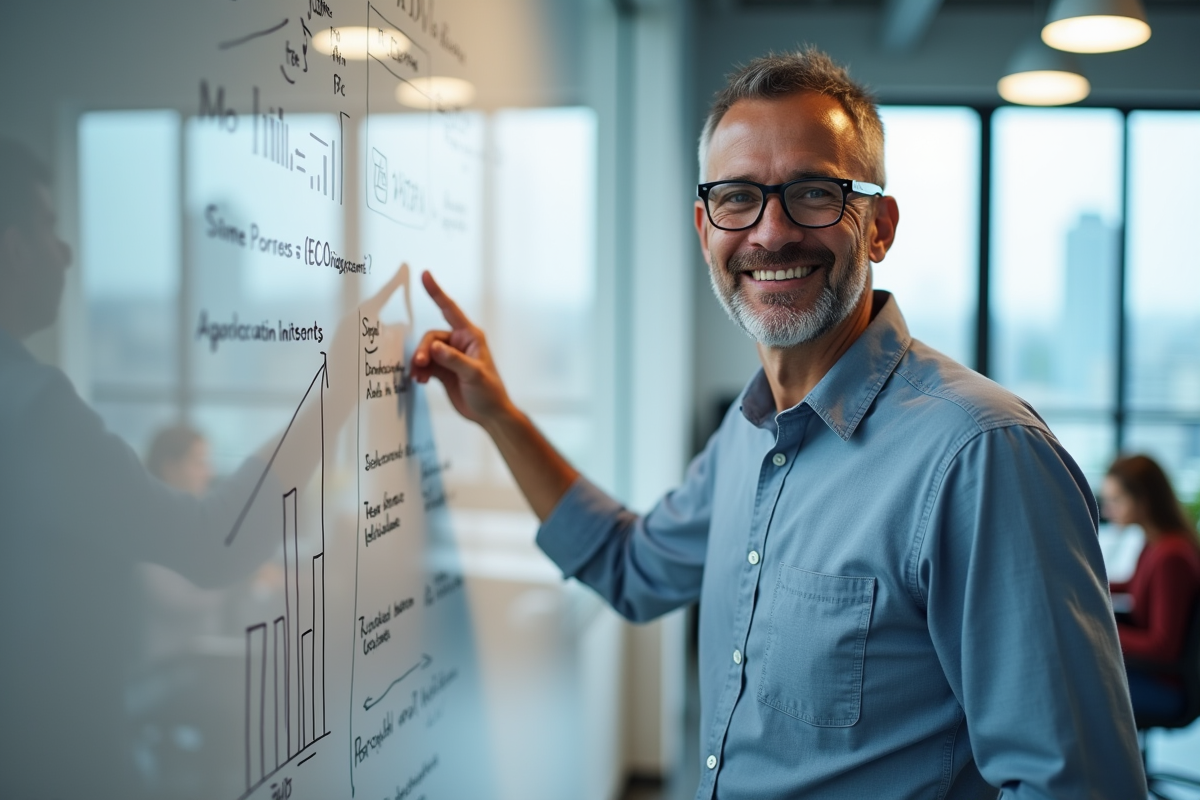 Homme en smart casual expliquant des diagrammes SEO en réunion