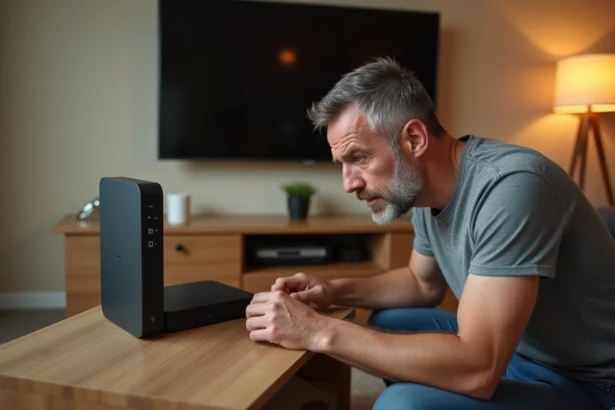 Homme inspectant sa Freebox Delta posée sur un meuble TV dans un salon moderne