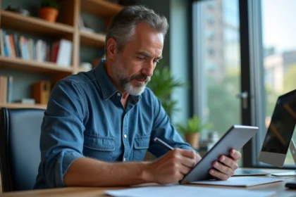 Homme en tenue casual lisant une tablette dans un bureau moderne