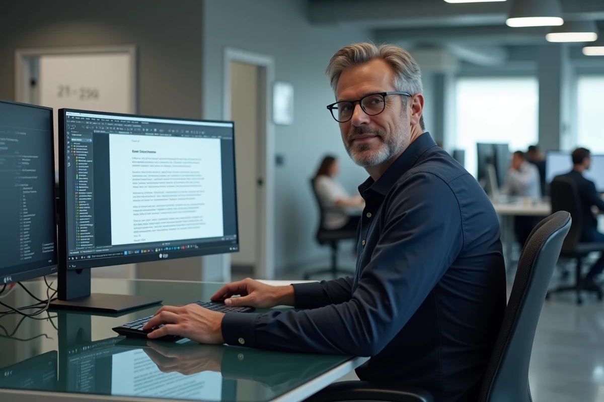 Homme professionnel rédigeant une lettre de motivation avec un outil de comptage de caractères sur double écran en bureau open space