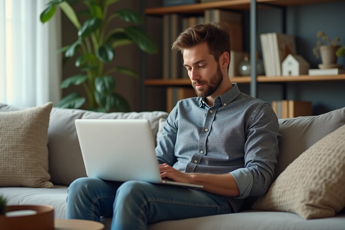 Jeune homme au salon vérifiant ses emails sur ordinateur