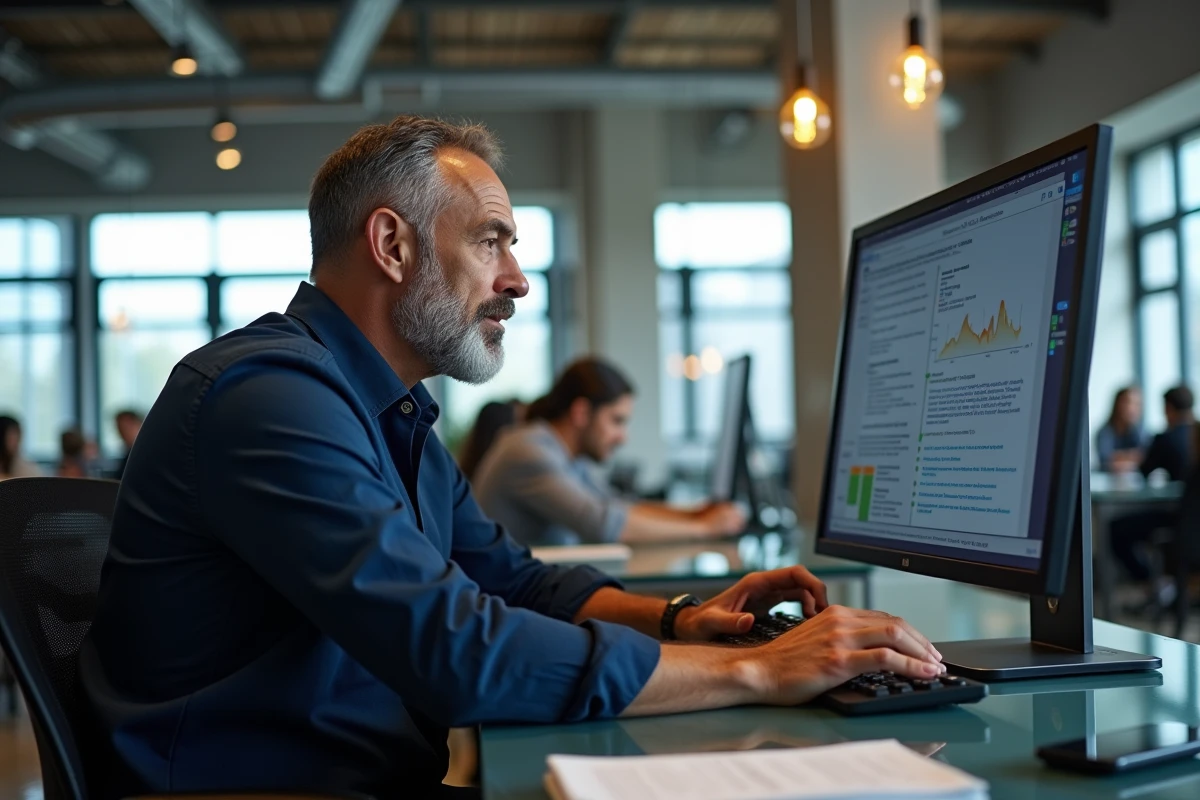 Homme naviguant sur plusieurs onglets de navigateurs web dans un open space professionnel