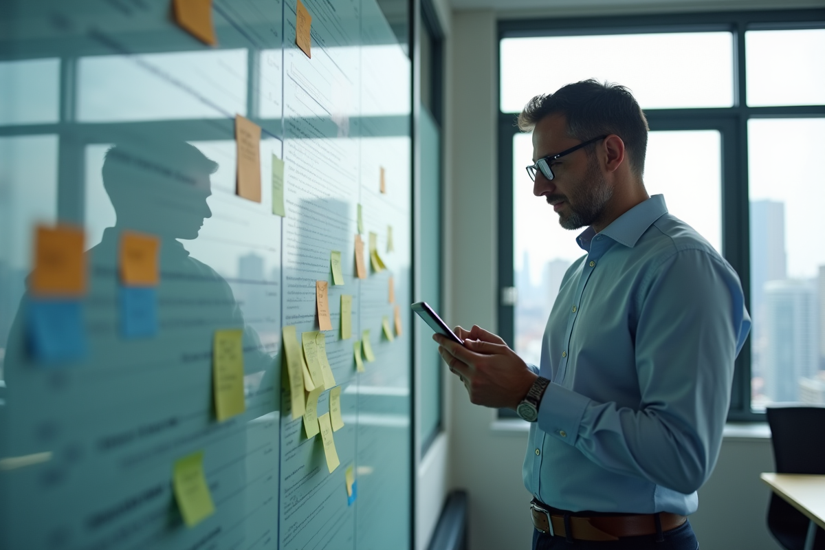 Homme dans un bureau urbain avec tableau de notes et smartphone