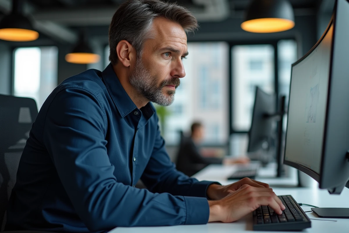 Homme en entreprise utilisant un raccourci clavier de rétablissement sur un grand écran dans un open space moderne
