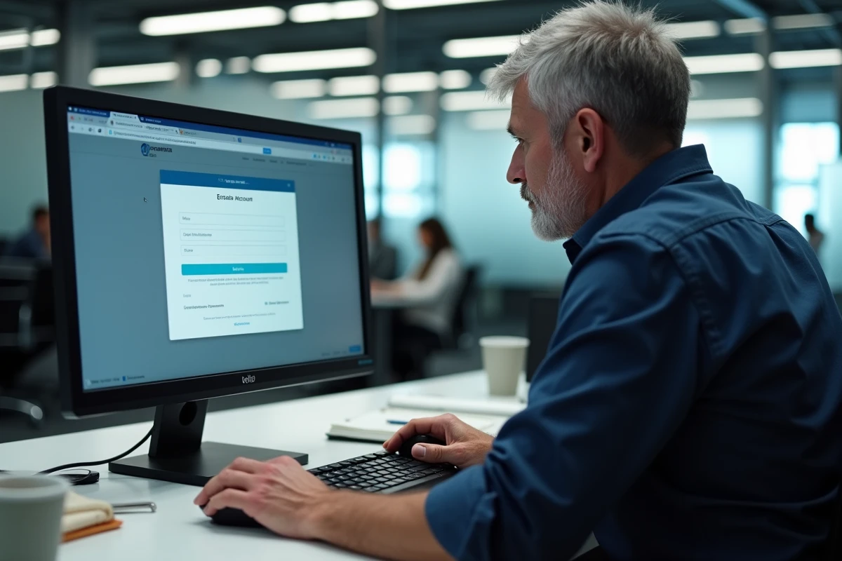 Homme paramétrant un compte de messagerie webmail sur un poste de travail en entreprise