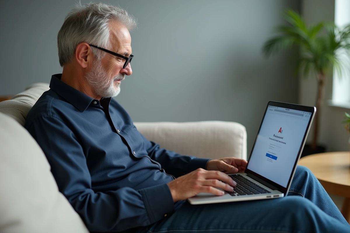 Homme récupérant l'accès à un ancien compte AOL Mail depuis son canapé avec un laptop