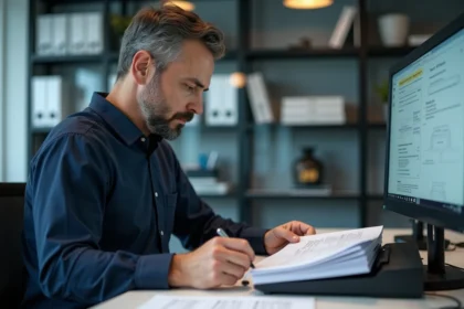 Homme d'âge moyen scannant des documents au bureau