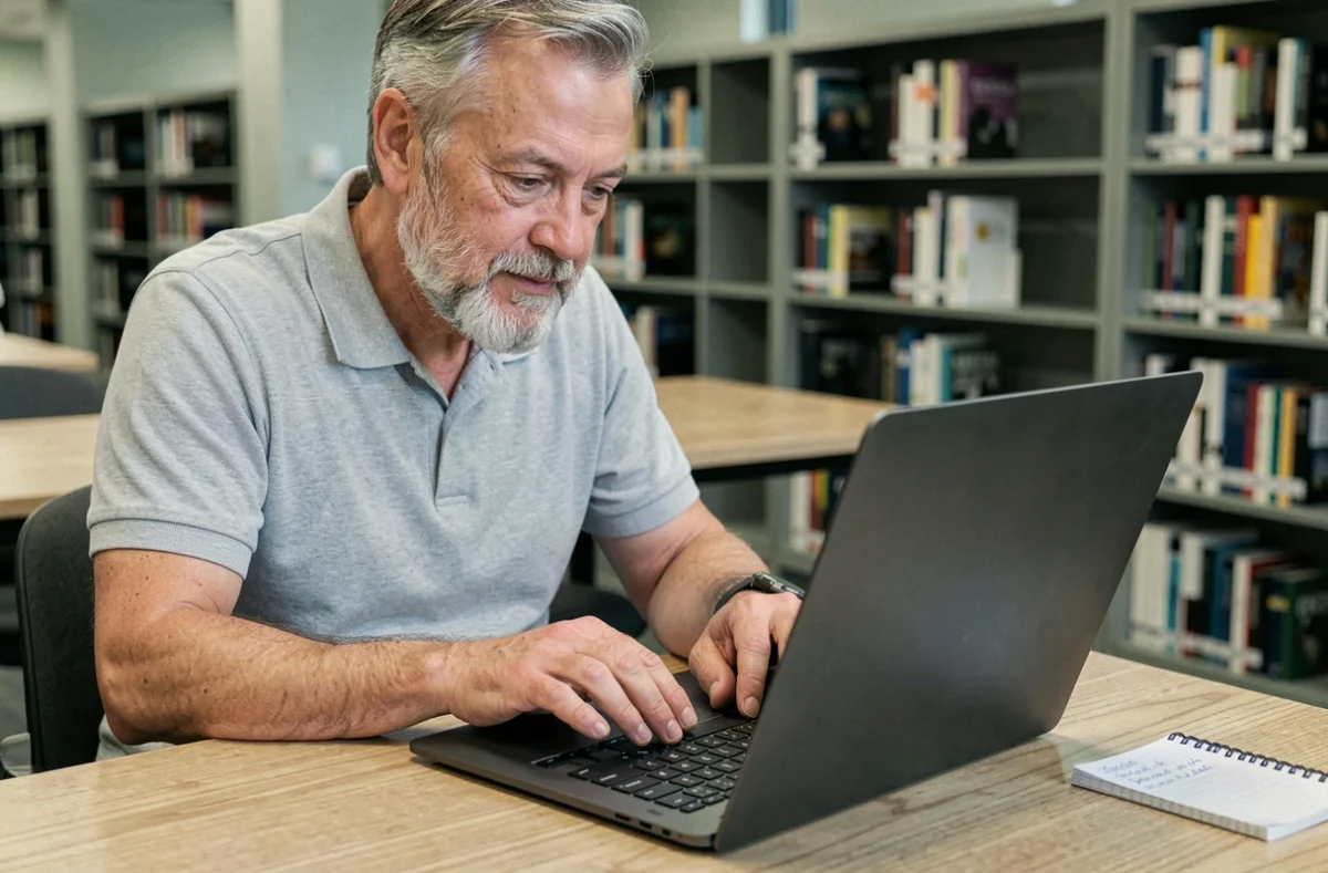 Homme senior examinant attentivement la touche Shift sur un clavier d'ordinateur portable dans une bibliothèque
