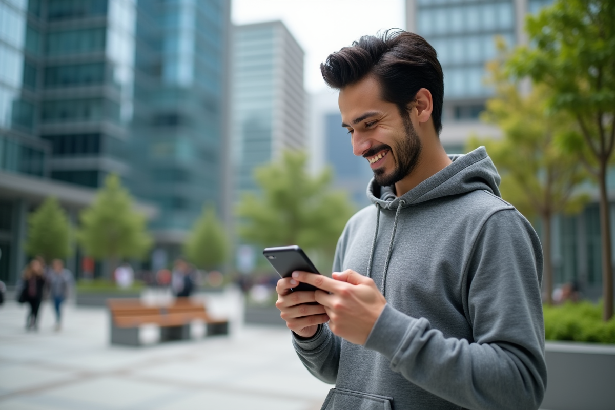 Homme dans la ville utilisant son smartphone pour consulter un site