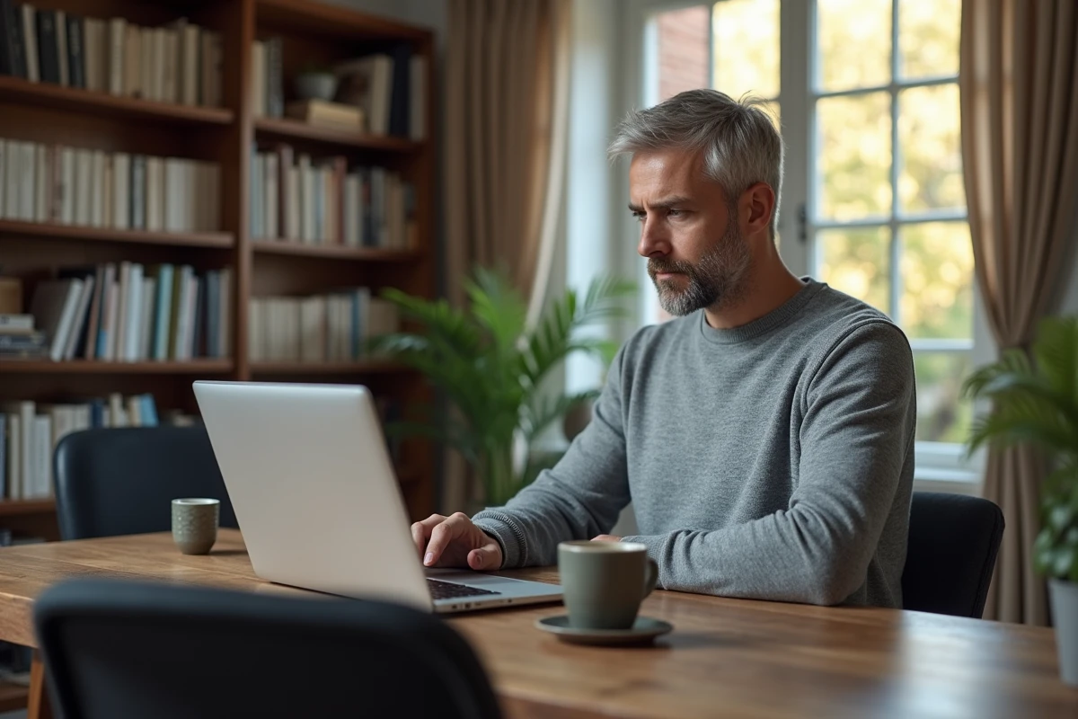 Homme travaillant à distance depuis son bureau à domicile sur un intranet SaaS en mode télétravail