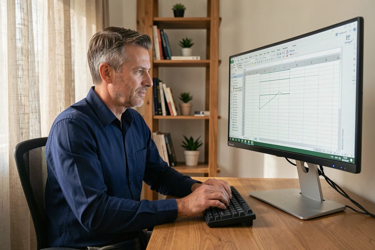 Homme en télétravail utilisant Excel avec lignes de gel de volets sur grand écran