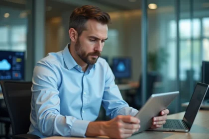 Homme concentré travaillant avec une tablette dans un bureau moderne