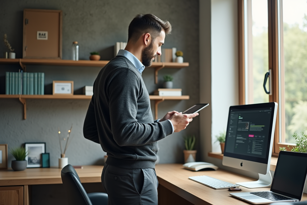 Homme dans un bureau à domicile vérifiant des documents sur une tablette