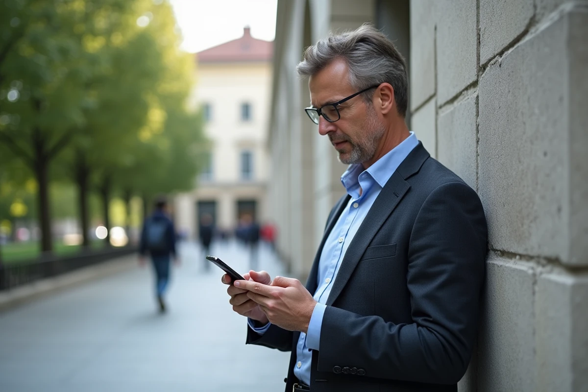 Homme d affaires vérifiant ses emails à Grenoble INP en extérieur