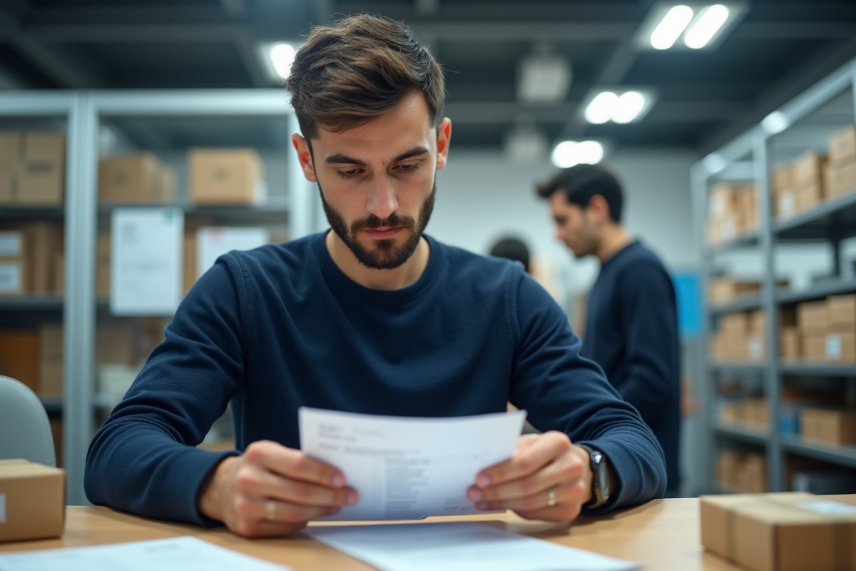 Jeune homme vérifiant un formulaire CN23 au bureau de poste