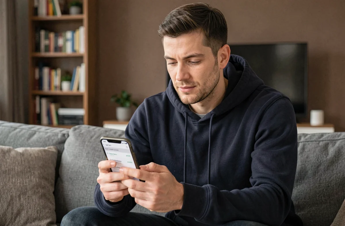 Homme vérifiant ses données et son contrat sur l'application RED&Moi avant de changer d'opérateur