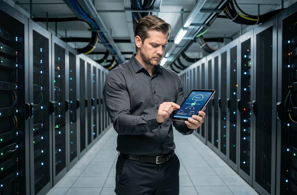 Ingénieur infrastructure consultant une architecture de déploiement IA à grande échelle dans une salle serveurs pour Hyperstack