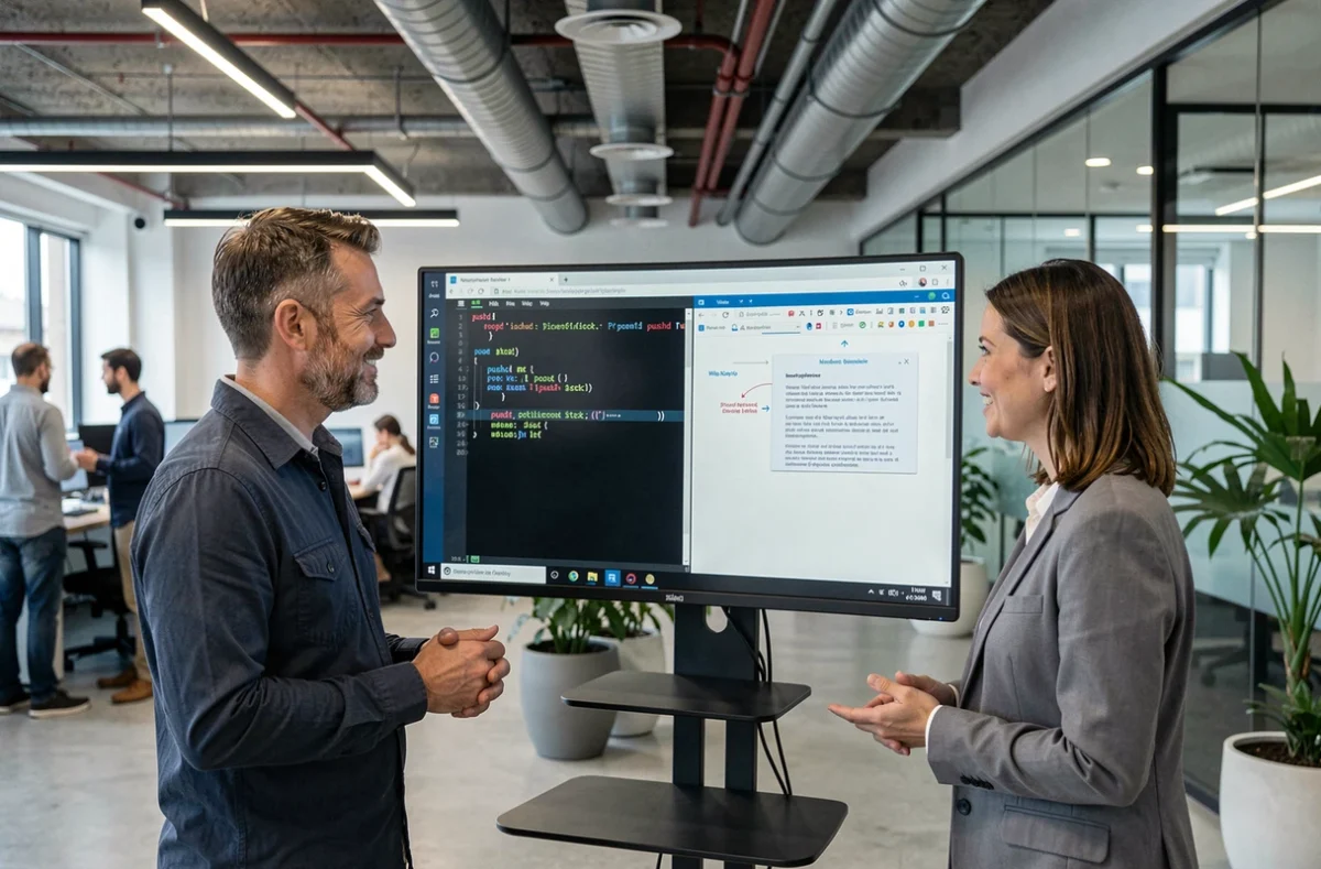 Deux ingénieurs logiciels comparant les comportements de la commande popd sous Windows PowerShell et Linux dans un bureau moderne