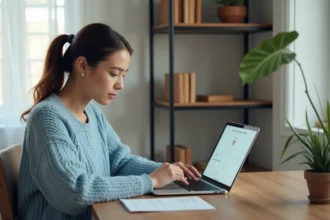 Jeune femme remplissant un formulaire d'inscription en ligne sur un portail ENT depuis un bureau à domicile