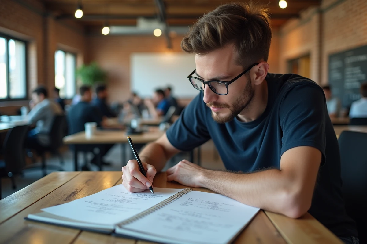 Jeune développeur prenant des notes sur les indices et slices Python dans un espace de coworking moderne avec tableau blanc en arrière-plan