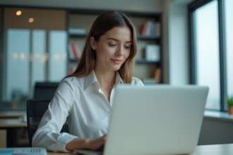 Jeune femme concentrée sur son ordinateur dans un bureau lumineux