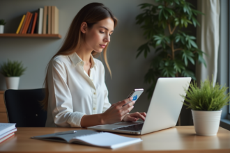 Jeune femme professionnelle au bureau moderne utilisant son ordinateur