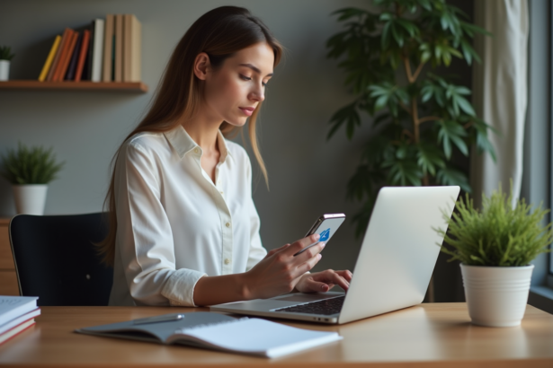 Jeune femme professionnelle au bureau moderne utilisant son ordinateur