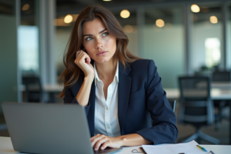 Jeune femme en bureau regardant son ordinateur