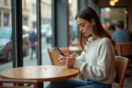 Jeune femme au café utilisant son smartphone pour consulter ses emails Grenoble INP