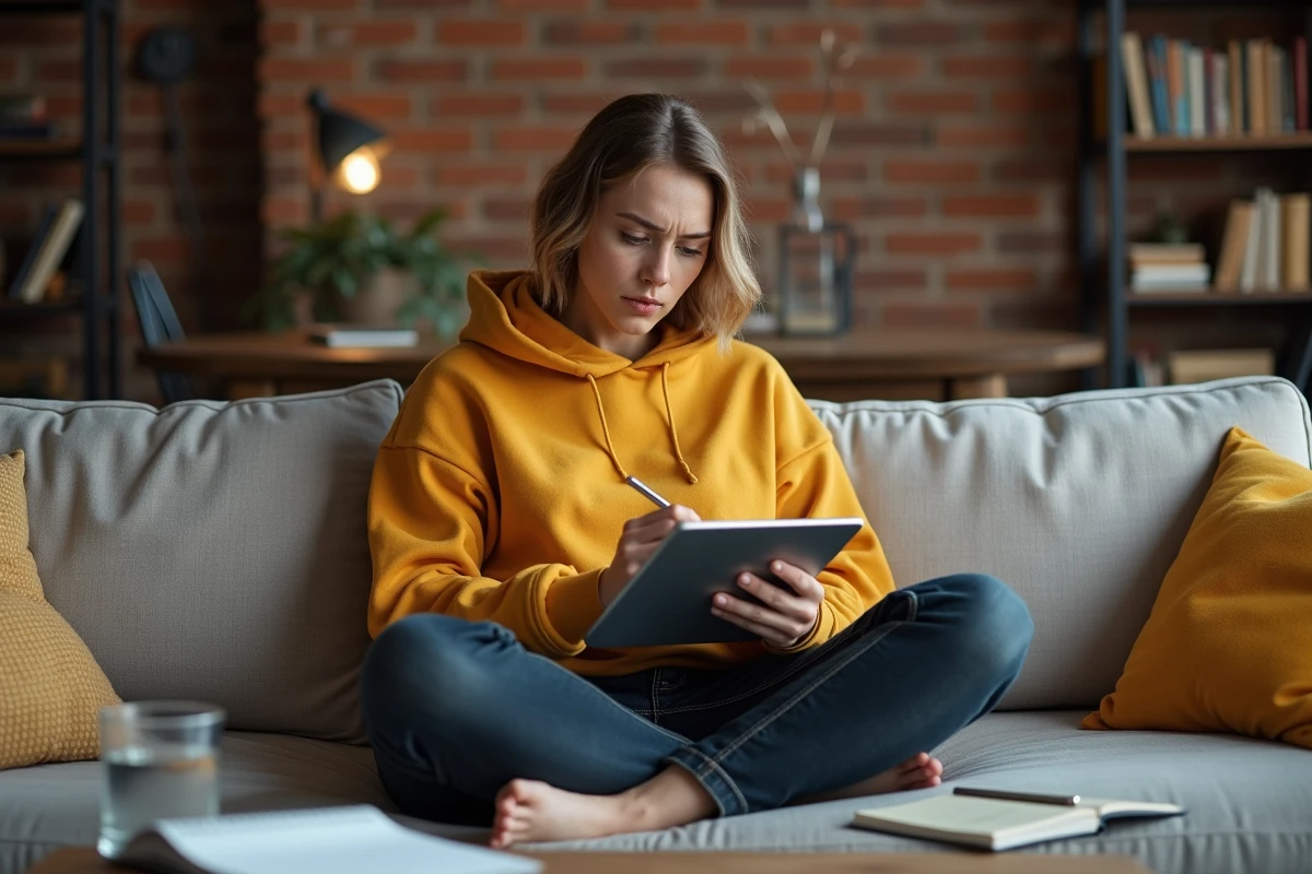 Jeune femme comptant les caractères d'un texte sur une tablette depuis son canapé à la maison