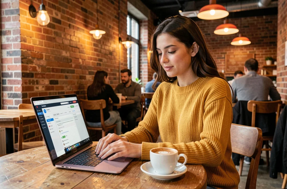 Jeune femme gérant ses emails avec NetCourrier Mailo sur son ordinateur portable dans un café parisien