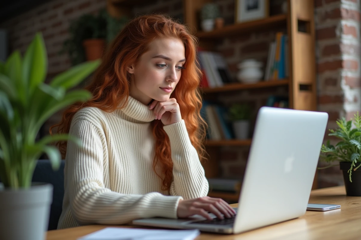 Une jeune femme analysant des photos sur un Google Pixel 8 Pro dans un studio créatif moderne