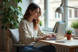 Jeune femme concentrée installant Python sur son laptop