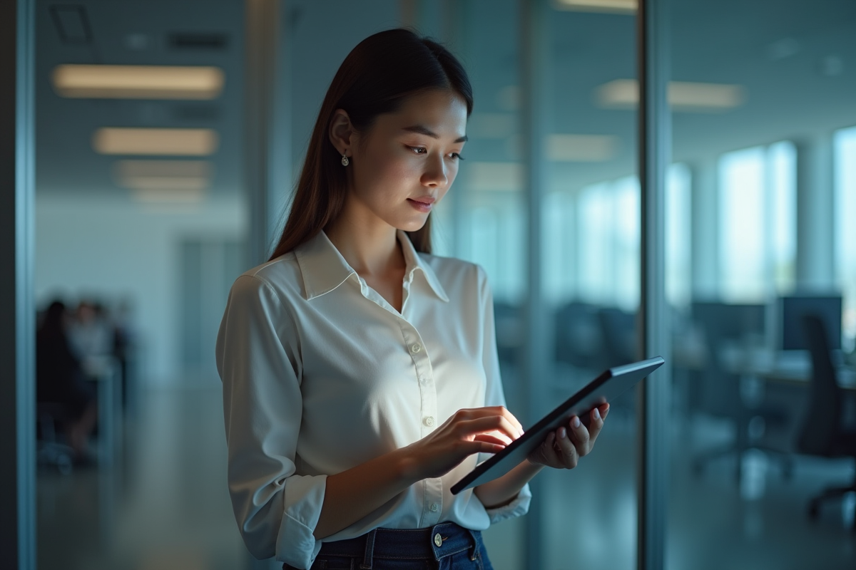 Jeune femme en bureau configurant la sécurité sur une tablette