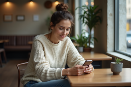 Jeune femme assise au café avec smartphone en main