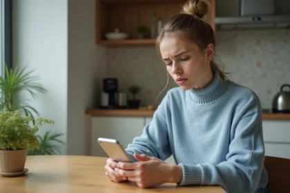 Jeune femme anxieuse avec son smartphone dans la cuisine lumineuse