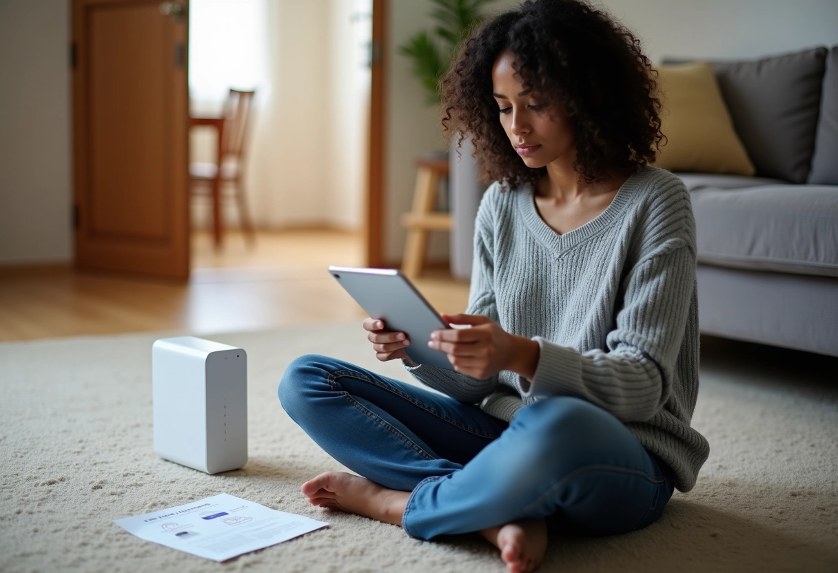 Jeune femme utilisant une tablette avec modem WiFi dans un appartement