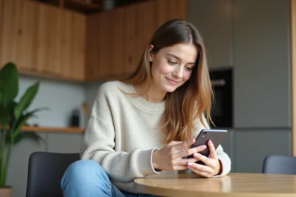 Jeune femme curieuse utilisant un téléphone Android dans la cuisine